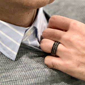 "TETHER" Tungsten Carbide Black Ring 8mm w/ Crushed Meteorite and Silver Rope