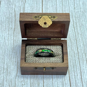 “Binary" Tungsten Carbide Black Ring 6mm, 8mm w/ Green Opal, Gold Accents and Gold Leaf