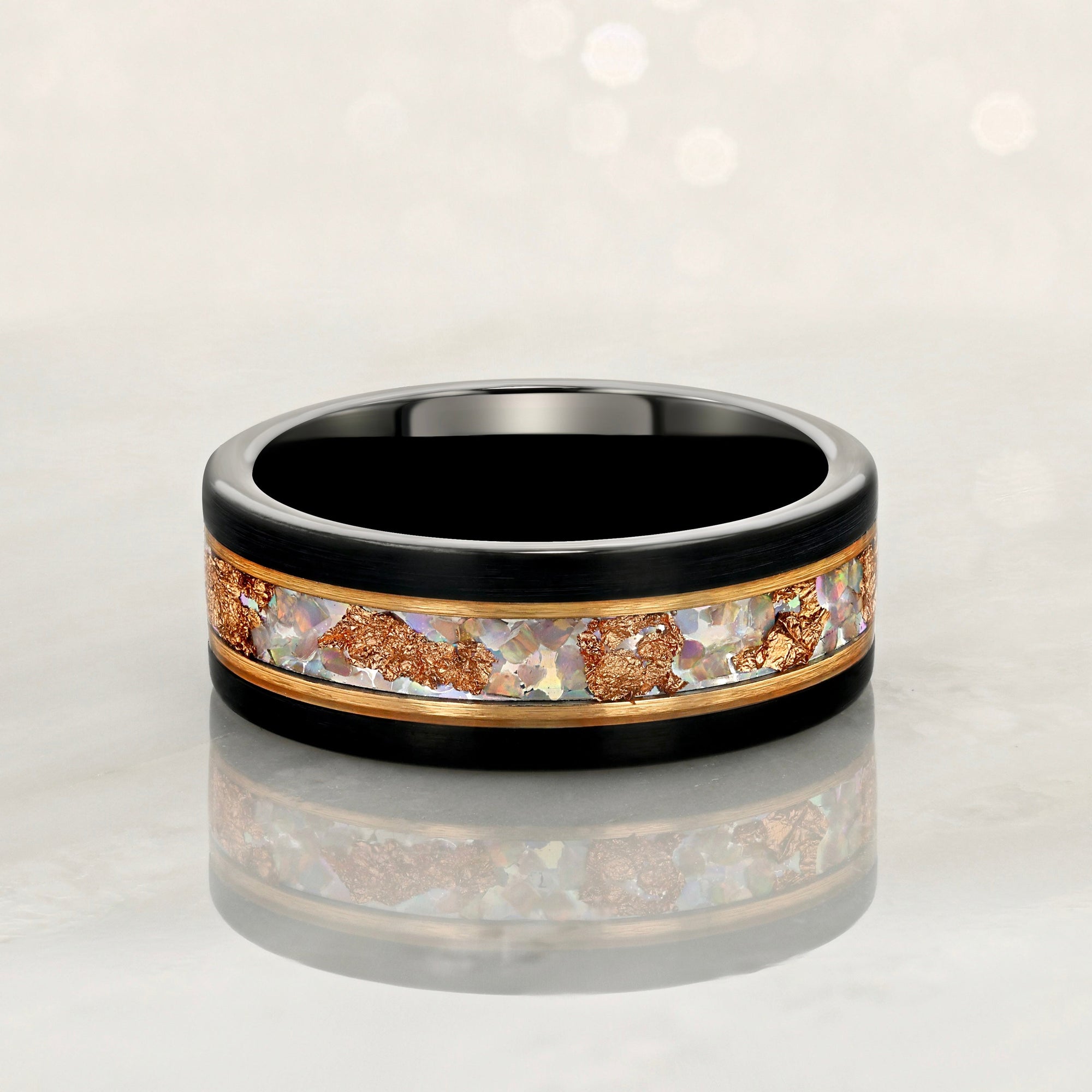 “Binary" Tungsten Carbide Black Ring 8mm w/ White Opal, Rose Gold Accents and Rose Gold Leaf