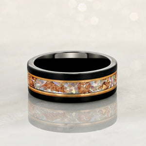 “Binary" Tungsten Carbide Black Ring 8mm w/ White Opal, Rose Gold Accents and Rose Gold Leaf