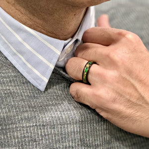 (Couples) “Binary"  Tungsten Carbide Black Ring 8mm, 6mm w/ Green Opal, Gold Accents and Gold Leaf