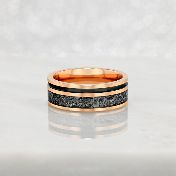 “ZENITH” Tungsten Carbide Rose Gold Ring 8mm w/ Crushed Meteorite and Black Line