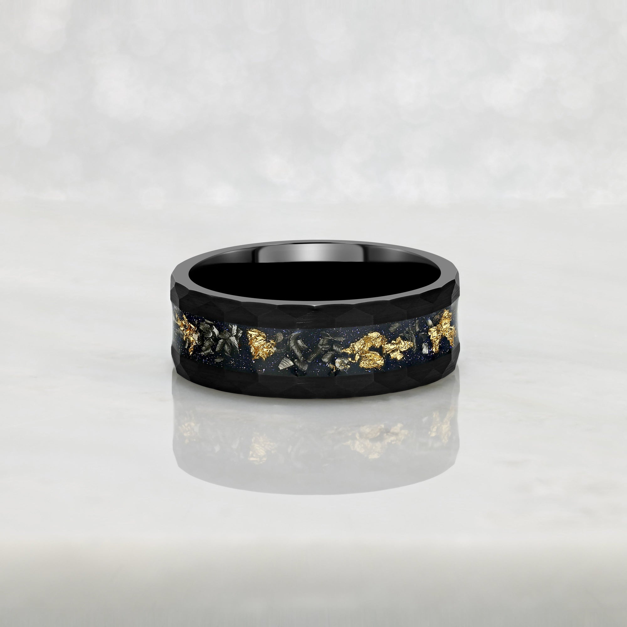 “RADIANT” Tungsten Carbide Black Ring 8mm w/ Meteorite and Gold Leaf