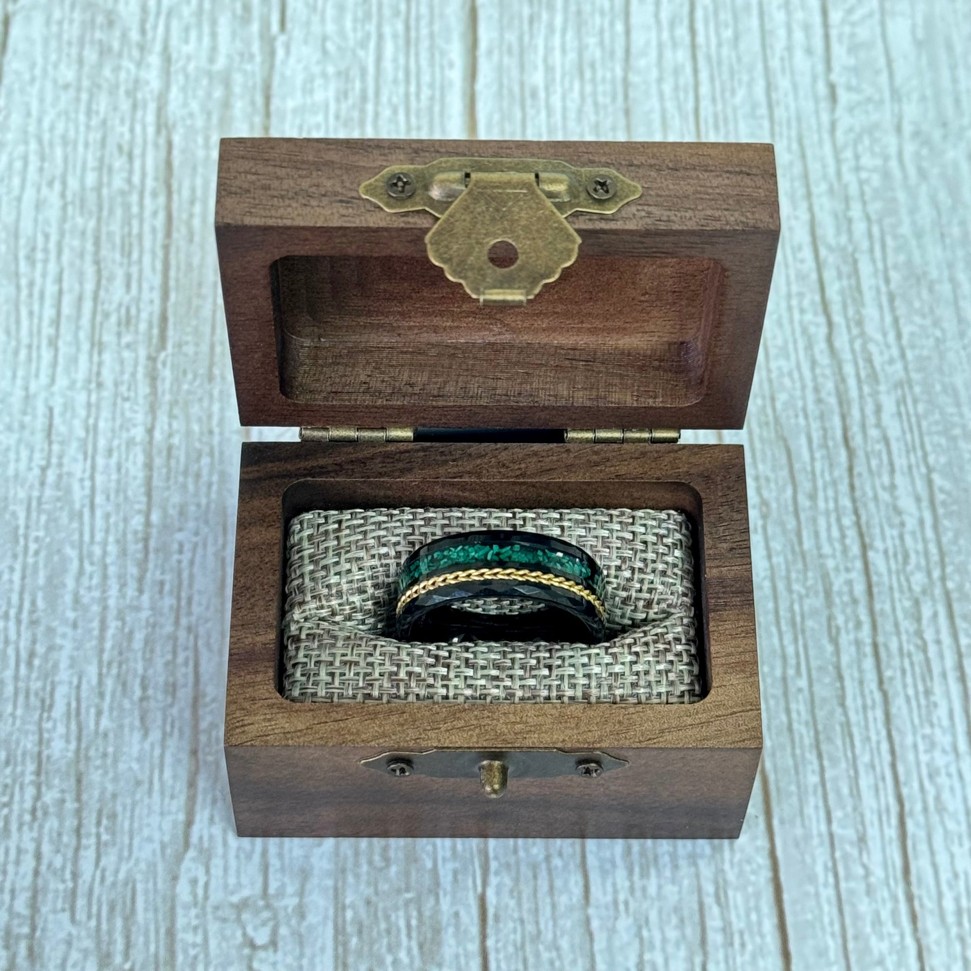 "TETHER"  Tungsten Carbide Black Ring 8mm w/ Malachite and Gold Rope