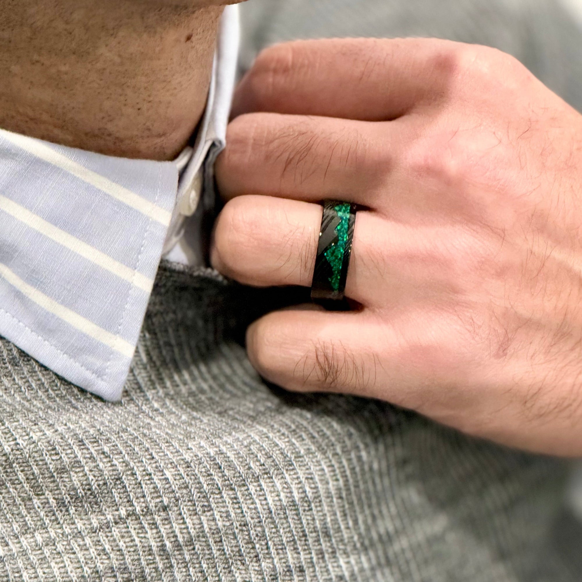 “ARTISAN” Damascus Steel Black Ring 8mm w/Green Opal Mountain Carving