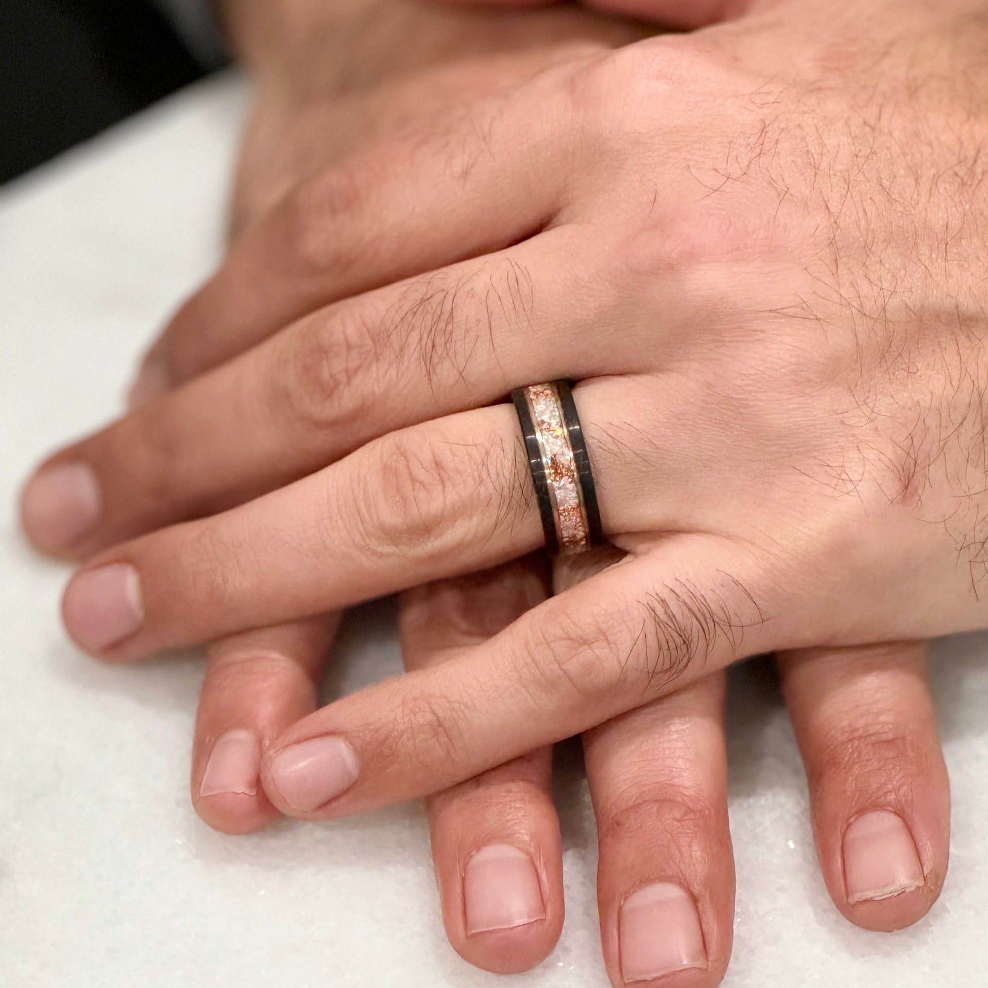 “Binary" Tungsten Carbide Black Ring 8mm w/ White Opal, Rose Gold Accents and Rose Gold Leaf
