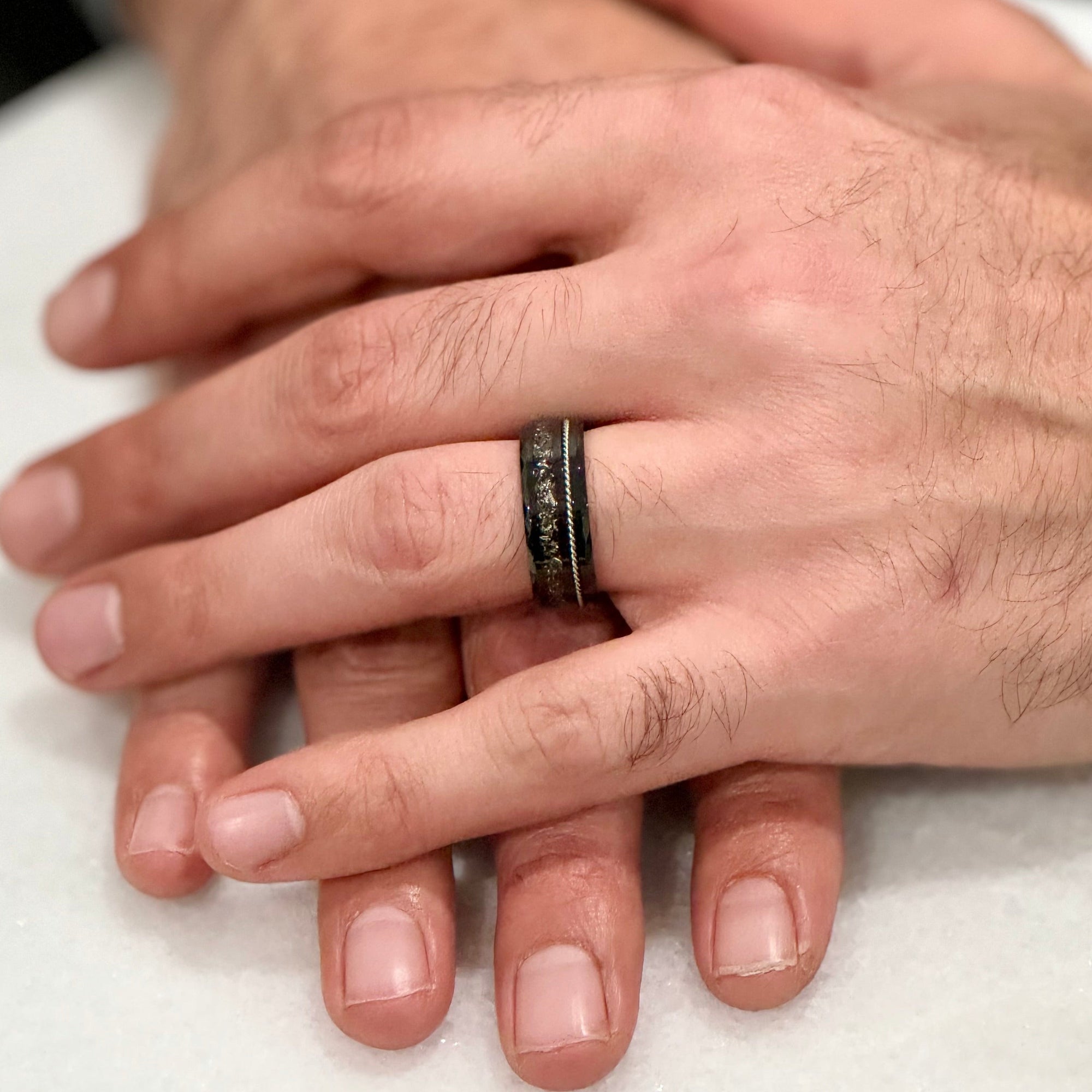 "TETHER" Tungsten Carbide Black Ring 8mm w/ Crushed Meteorite and Silver Rope