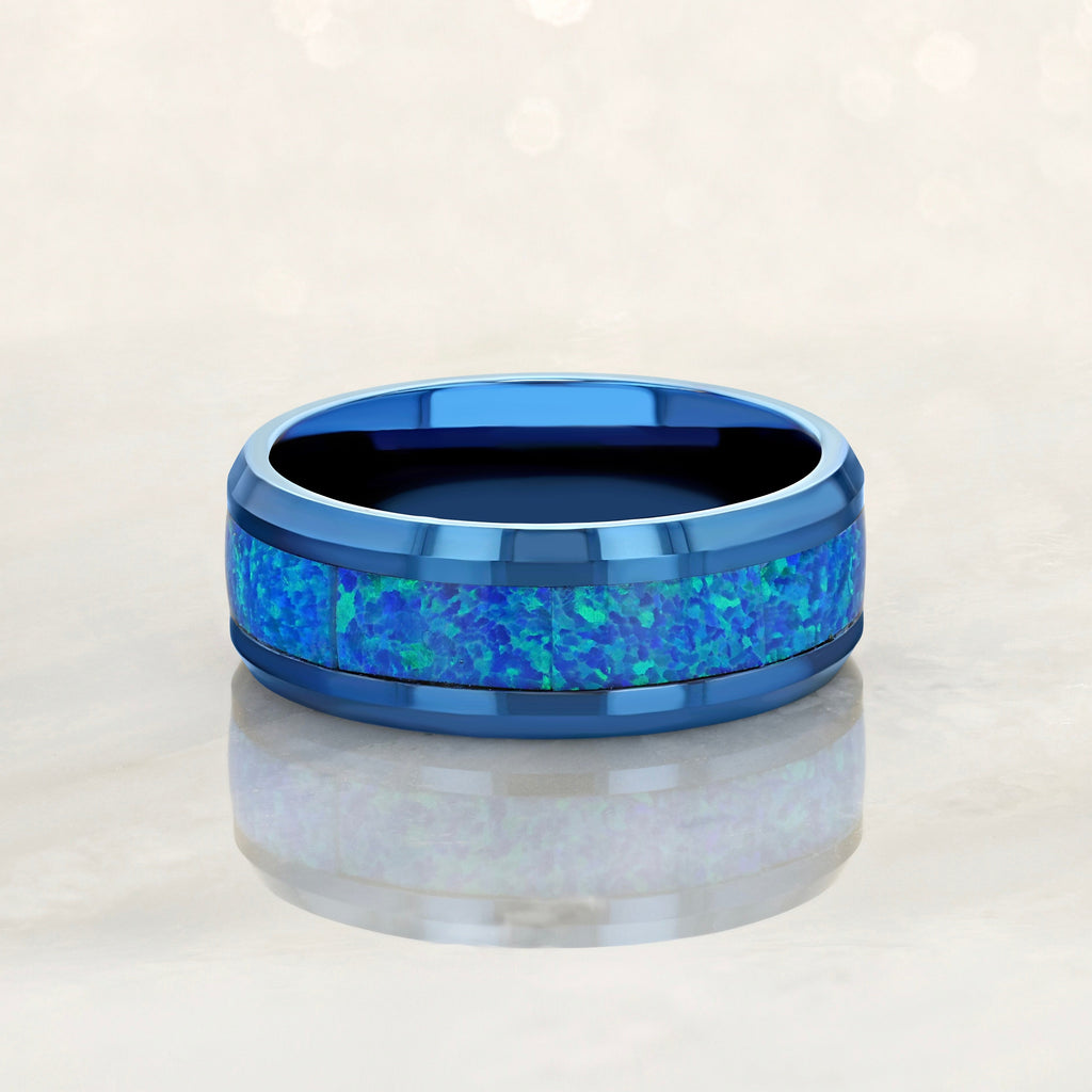 “IRIDESCENCE” Tungsten Carbide Blue Ring 8mm w/ Blue Opal