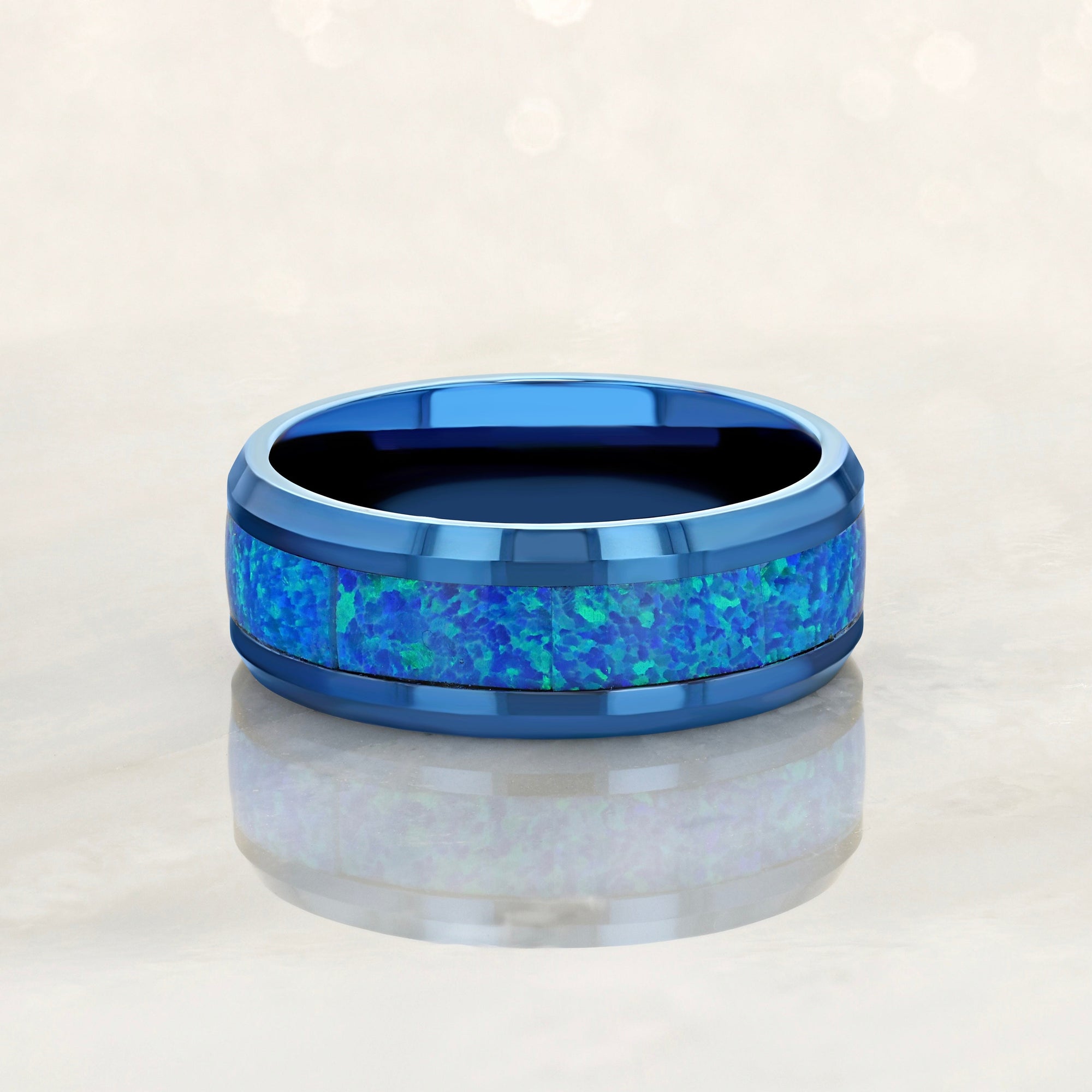 “IRIDESCENCE” Tungsten Carbide Blue Ring 8mm w/ Blue Opal