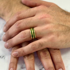 "TIMBER"  Tungsten Carbide Yellow Gold Ring 8mm w/ Green Dyed Koa Wood