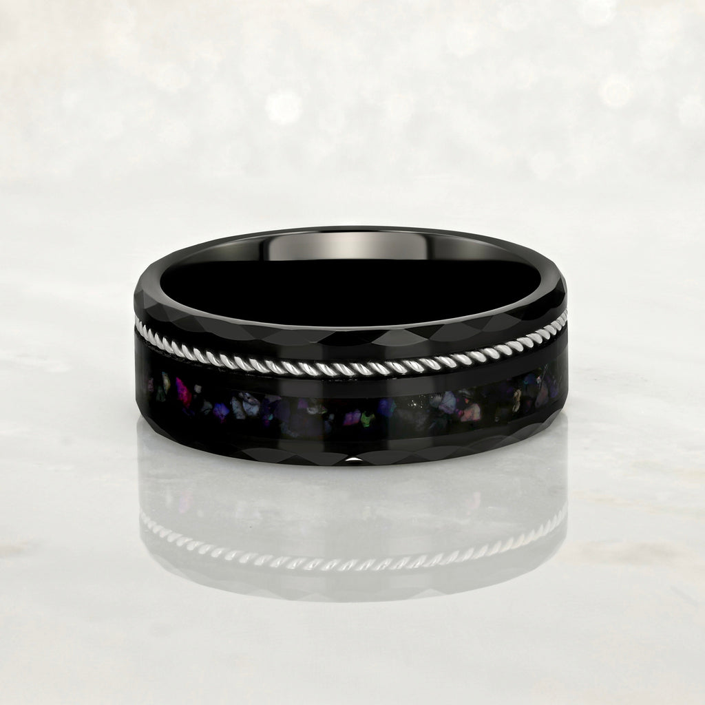 "TETHER"  Tungsten Carbide Black Ring 8mm w/ Black Pearl and Silver Rope