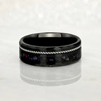 "TETHER"  Tungsten Carbide Black Ring 8mm w/ Black Pearl and Silver Rope