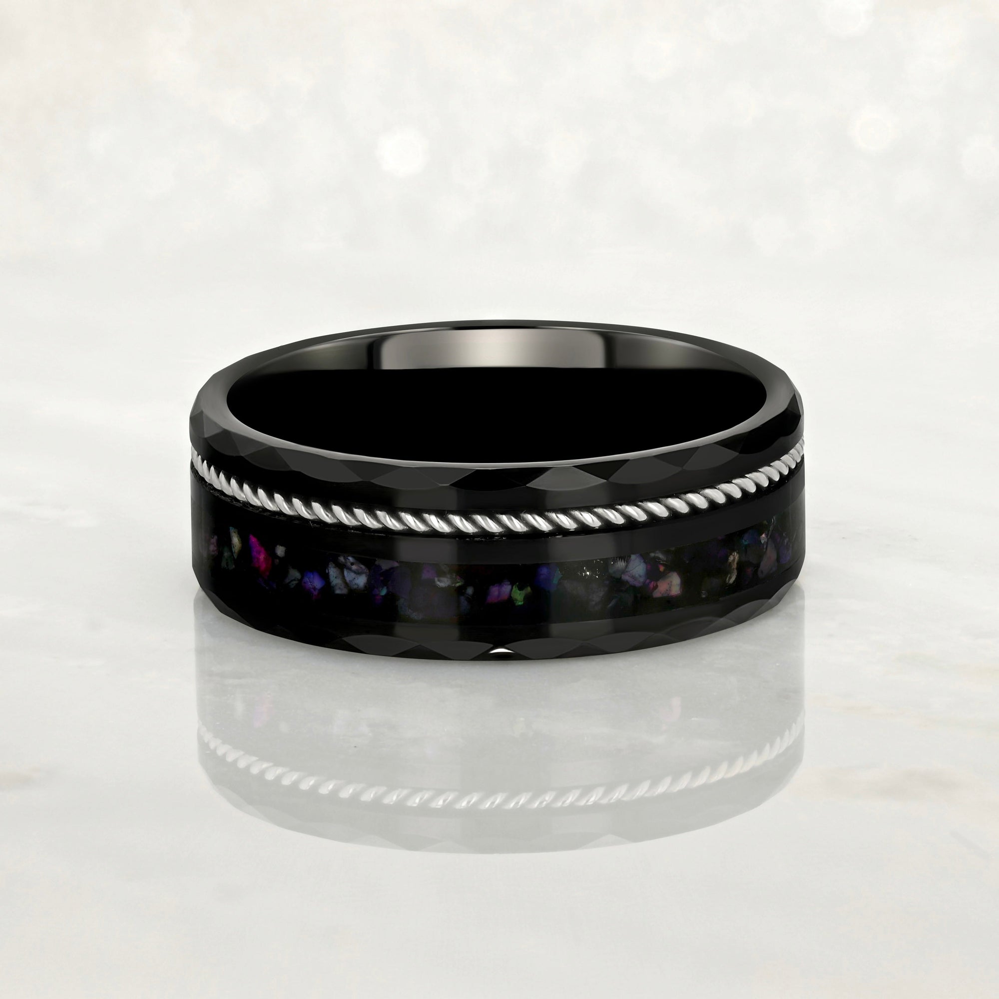 "TETHER"  Tungsten Carbide Black Ring 8mm w/ Black Pearl and Silver Rope