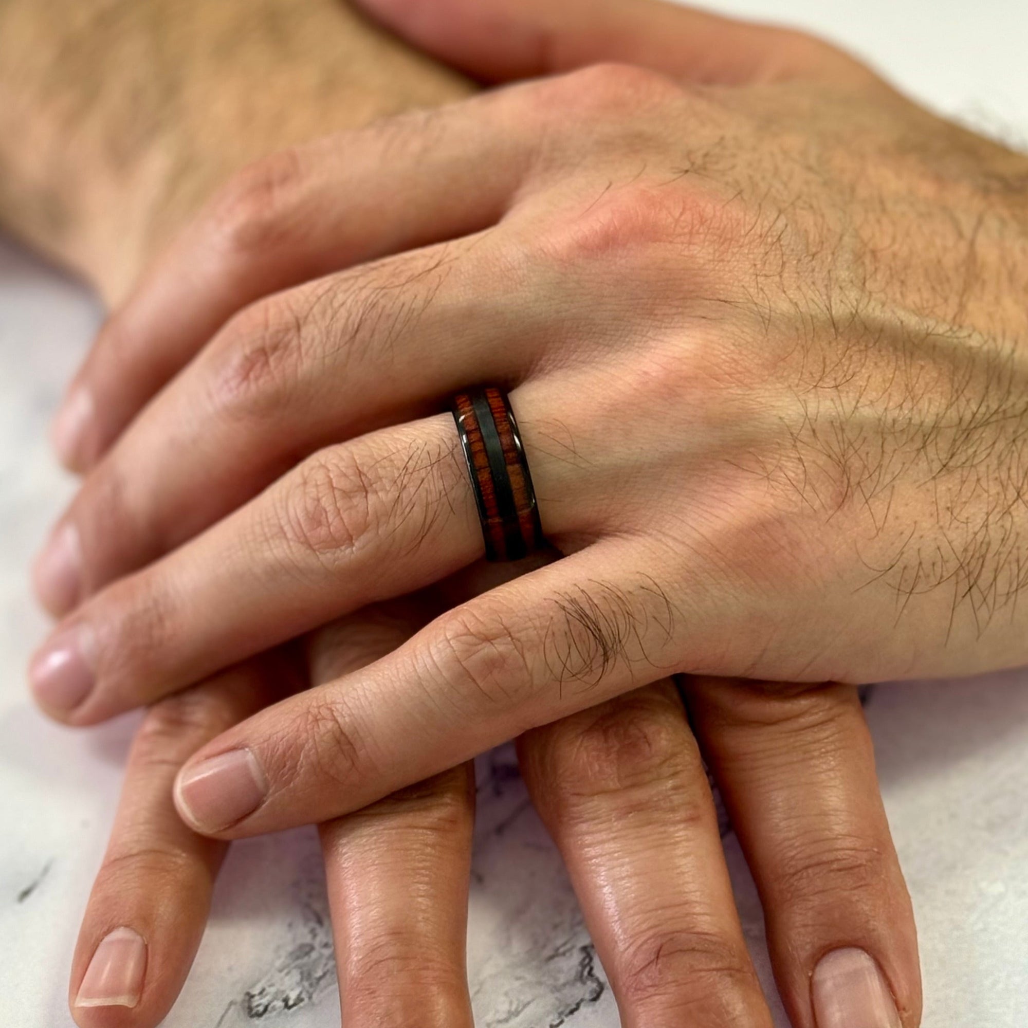 "TIMBER" Tungsten Carbide Black Ring 8mm w/ Red Dyed Koa Wood