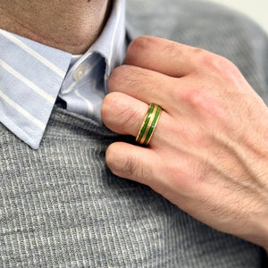 "TIMBER"  Tungsten Carbide Yellow Gold Ring 8mm w/ Green Dyed Koa Wood