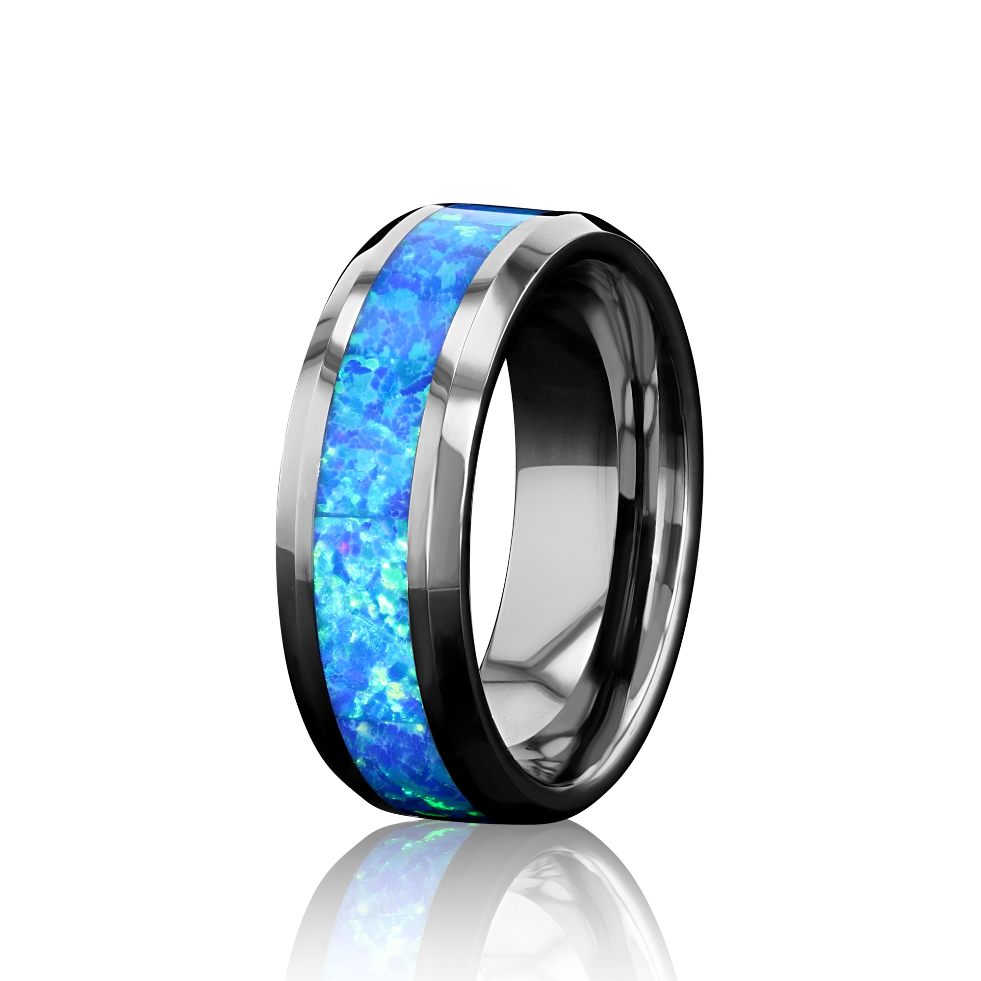 “IRIDESCENCE” Tungsten Carbide Silver Ring 8mm w/ Blue Opal