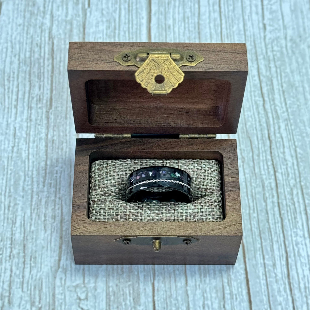 "TETHER"  Tungsten Carbide Black Ring 8mm w/ Black Pearl and Silver Rope