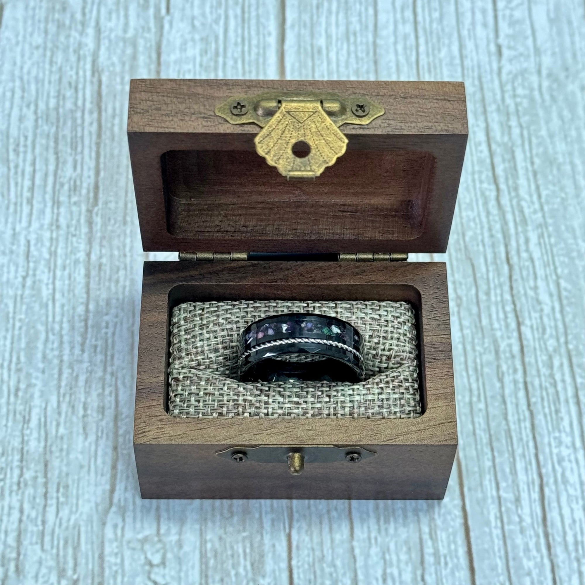 "TETHER"  Tungsten Carbide Black Ring 8mm w/ Black Pearl and Silver Rope