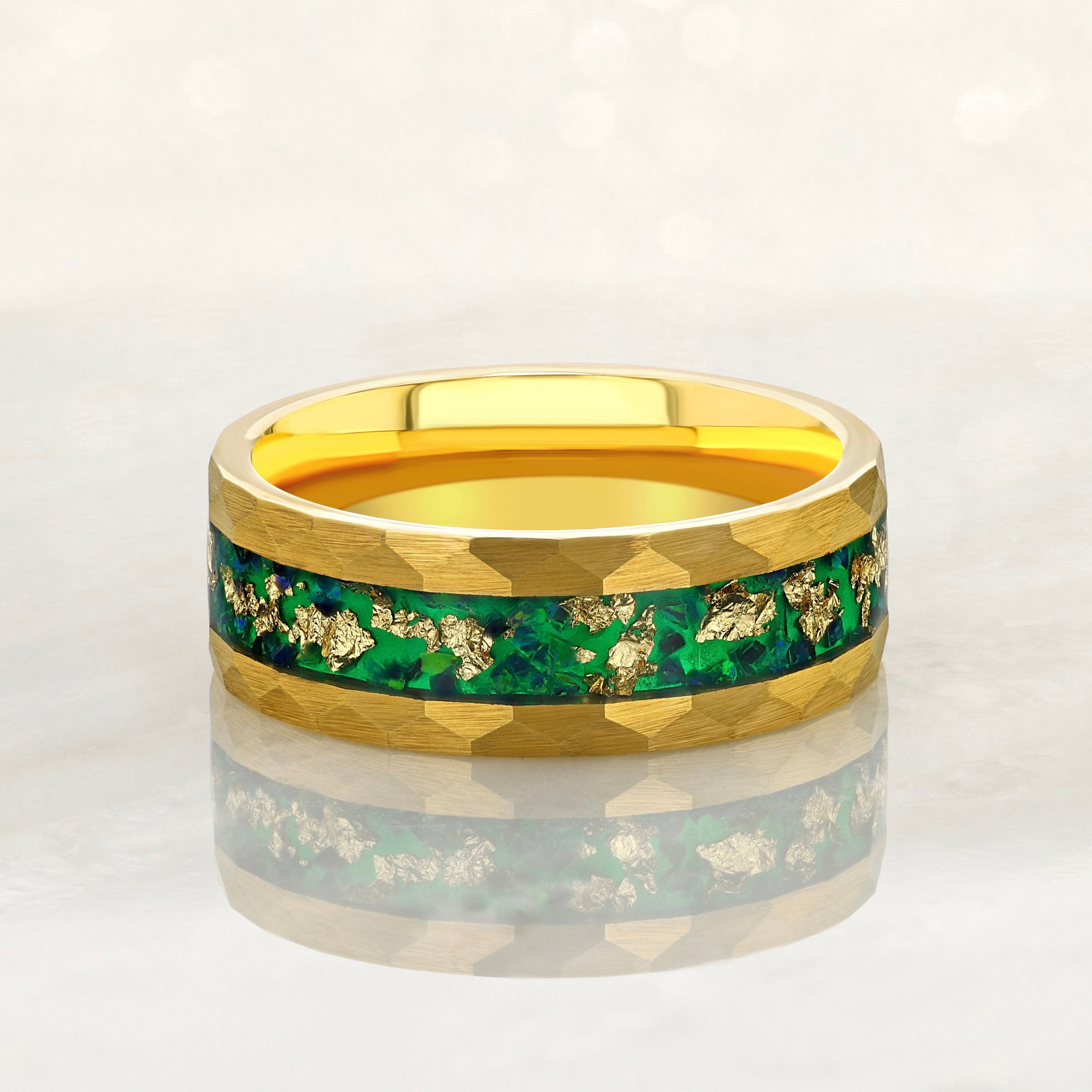 “RADIANT” Tungsten Carbide Gold Ring 8mm w/ Green Opal and Gold Leaf