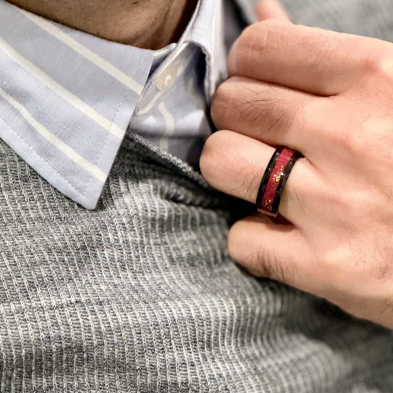 “EMPEROR” Tungsten Carbide Black Ring 8mm w/ Crushed Rubies and Gold Leaf