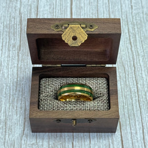 "TIMBER"  Tungsten Carbide Yellow Gold Ring 8mm w/ Green Dyed Koa Wood