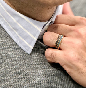 “CELESTIAL” Tungsten Carbide Rose Gold Ring 8mm w/ Meteorite and Aquamarine