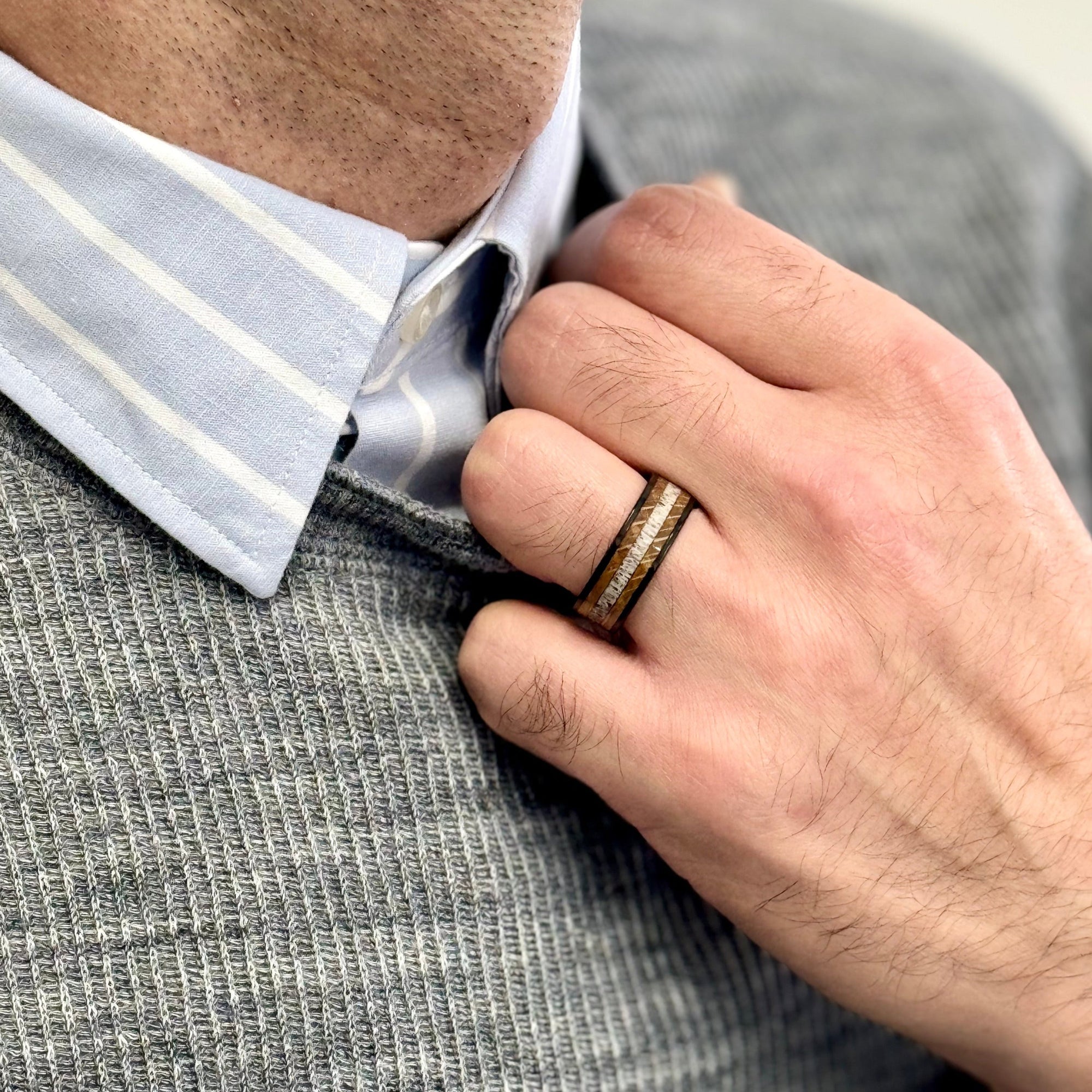“Primal” Tungsten Carbide Black Ring 8mm w/ Whiskey Barrel and Naturally Shed Deer Antler