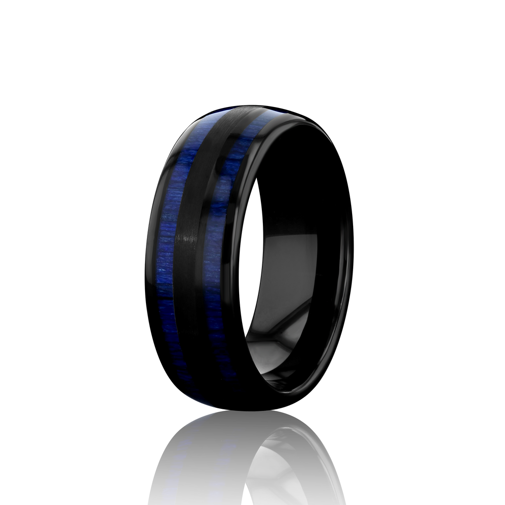 "TIMBER" Tungsten Carbide Black Ring 8mm w/ Blue Dyed Koa Wood