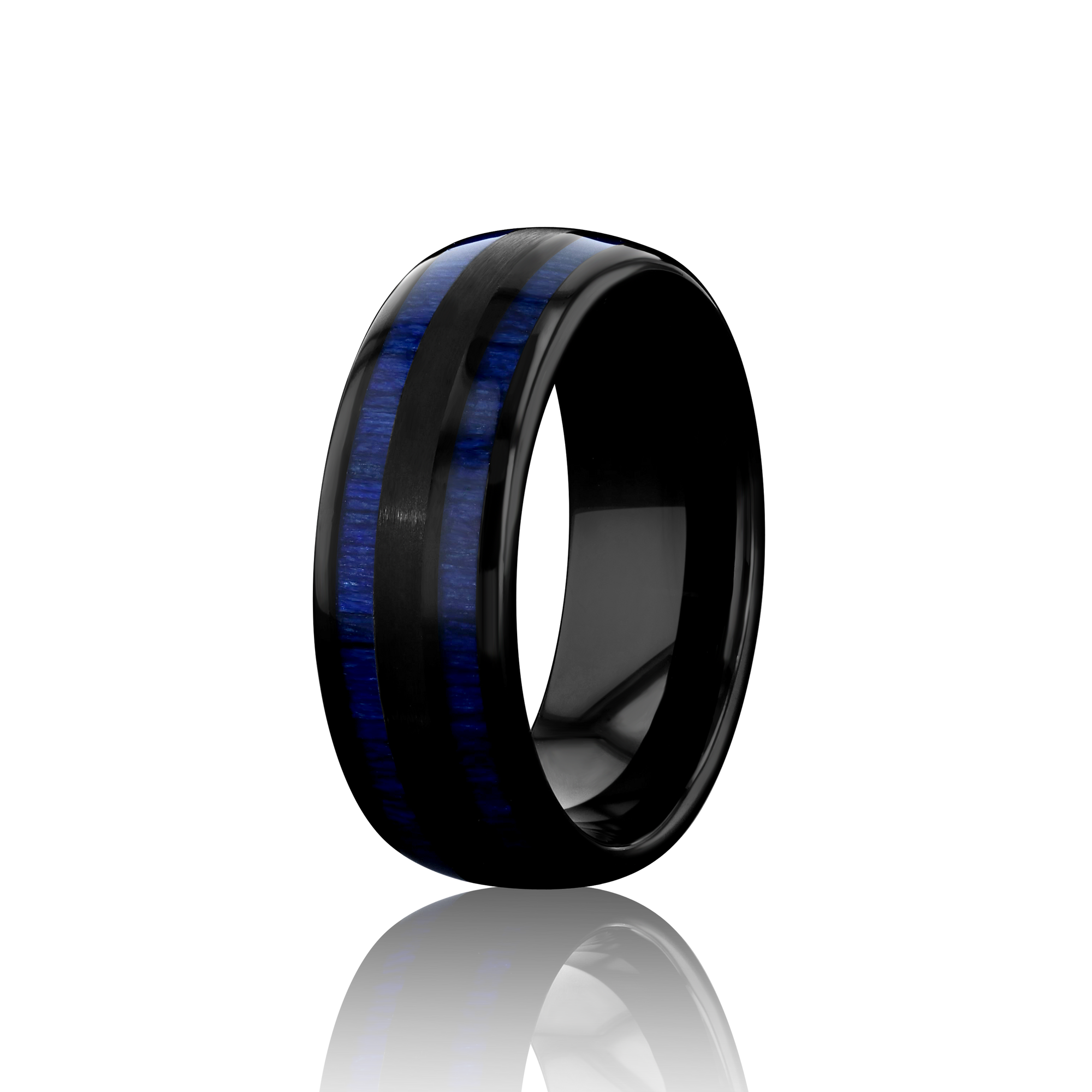 "TIMBER" Tungsten Carbide Black Ring 8mm w/ Blue Dyed Koa Wood