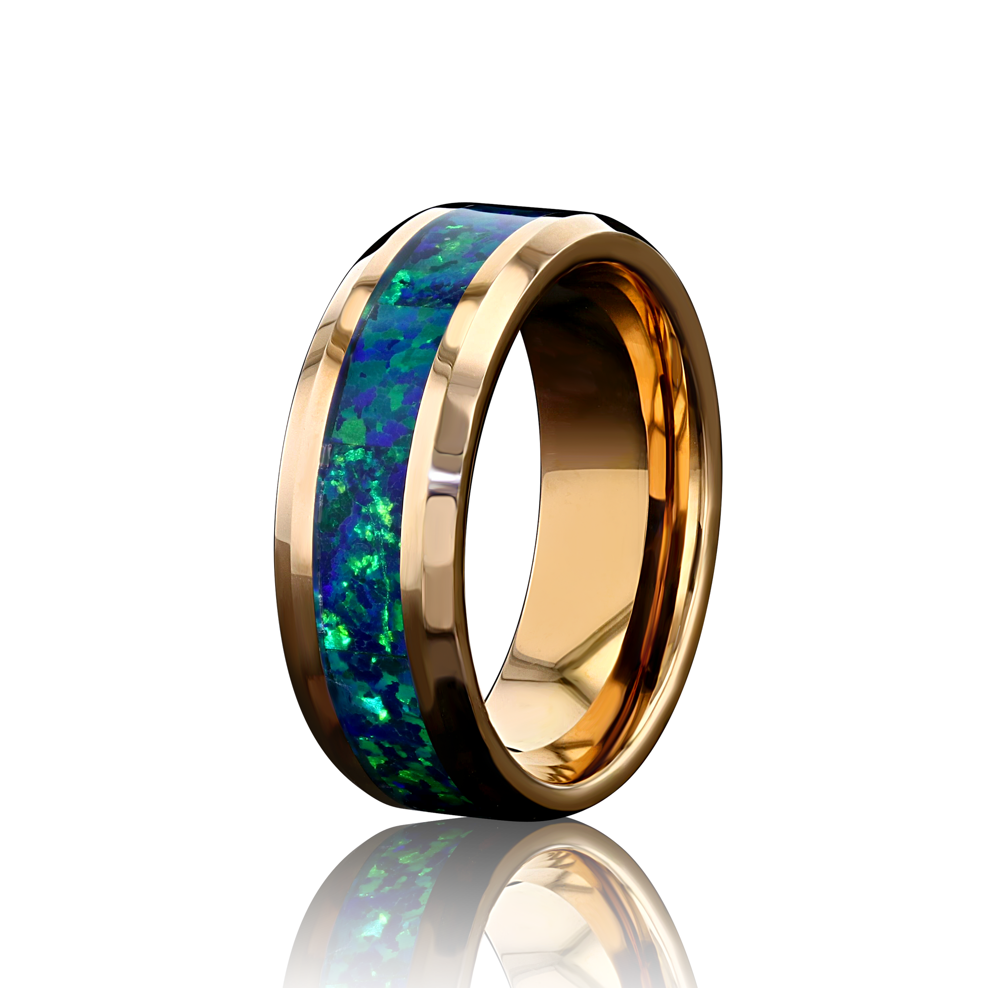 “IRIDESCENCE” Tungsten Carbide Rose Gold Ring 8mm w/ Blue-Green Opal