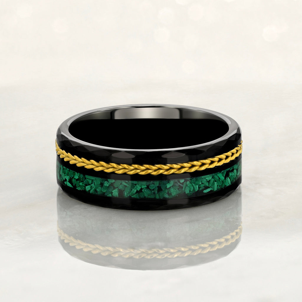 "TETHER"  Tungsten Carbide Black Ring 8mm w/ Malachite and Gold Rope