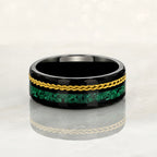 "TETHER"  Tungsten Carbide Black Ring 8mm w/ Malachite and Gold Rope