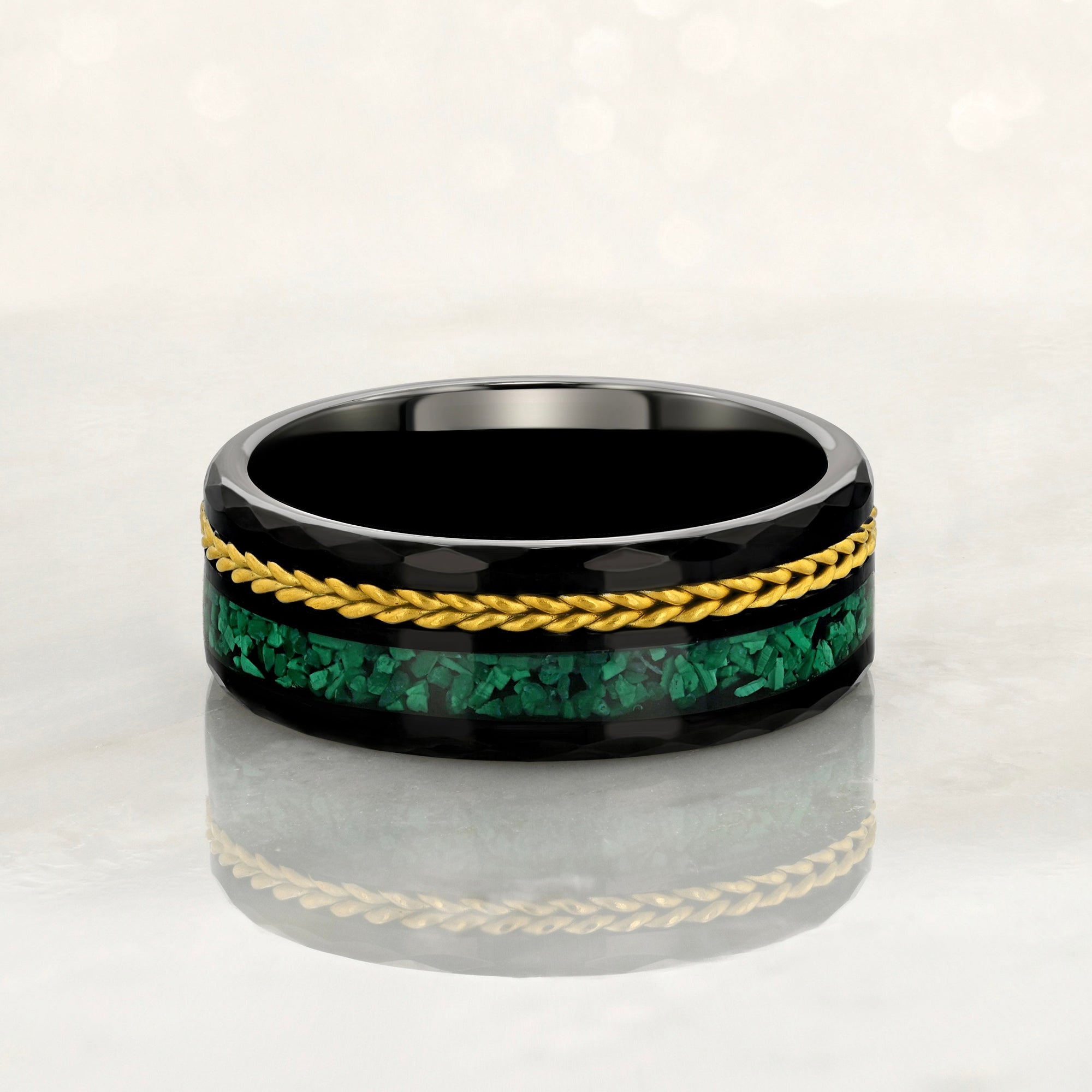 "TETHER"  Tungsten Carbide Black Ring 8mm w/ Malachite and Gold Rope
