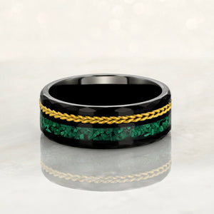 "TETHER"  Tungsten Carbide Black Ring 8mm w/ Malachite and Gold Rope