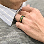 “Binary" Tungsten Carbide Black Ring 8mm, 6mm w/ Green Opal, Gold Accents and Gold Leaf