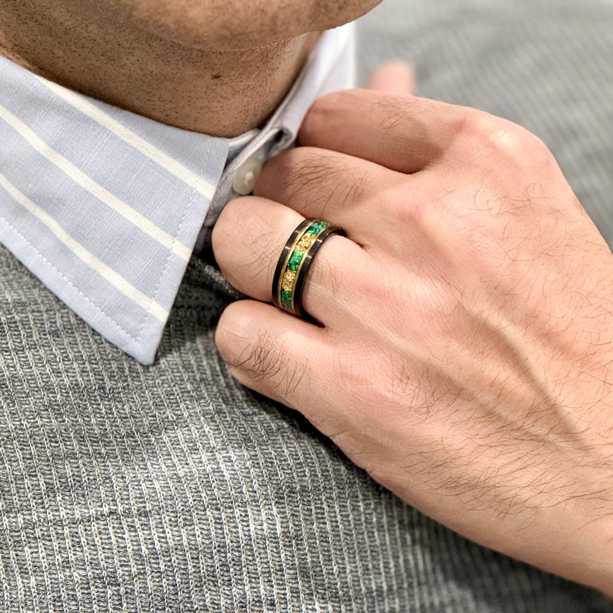 “Binary" Tungsten Carbide Black Ring 6mm, 8mm w/ Green Opal, Gold Accents and Gold Leaf