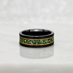 “Binary"  Tungsten Carbide Black Ring 8mm w/ Meteorite, Emeralds and Rose Gold Accents