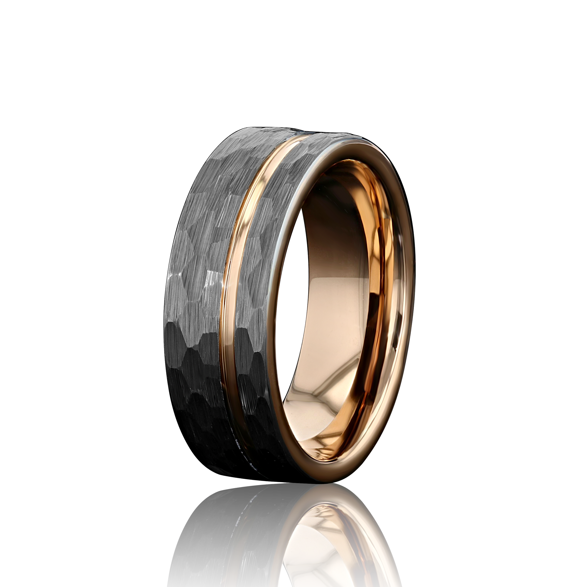 “ECLIPSE” Tungsten Carbide Brushed Silver Ring 8mm w/ Asymmetrical Rose Gold Line