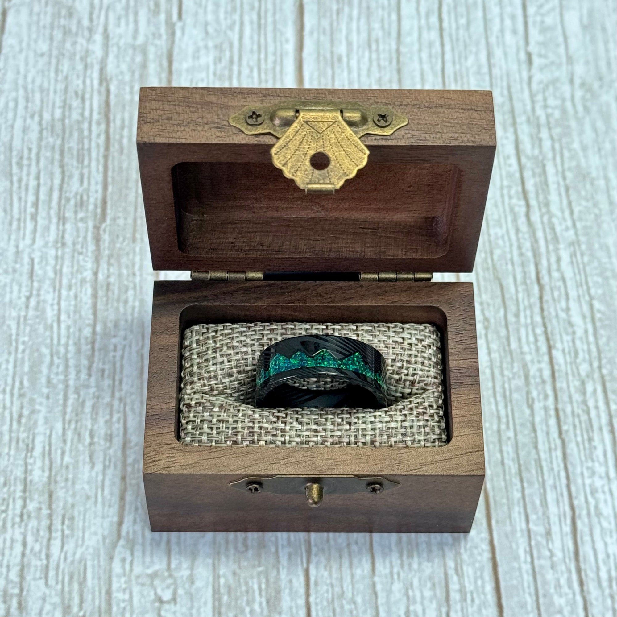 “ARTISAN” Damascus Steel Black Ring 8mm w/Green Opal Mountain Carving
