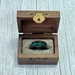 “ARTISAN” Damascus Steel Black Ring 8mm w/Green Opal Mountain Carving