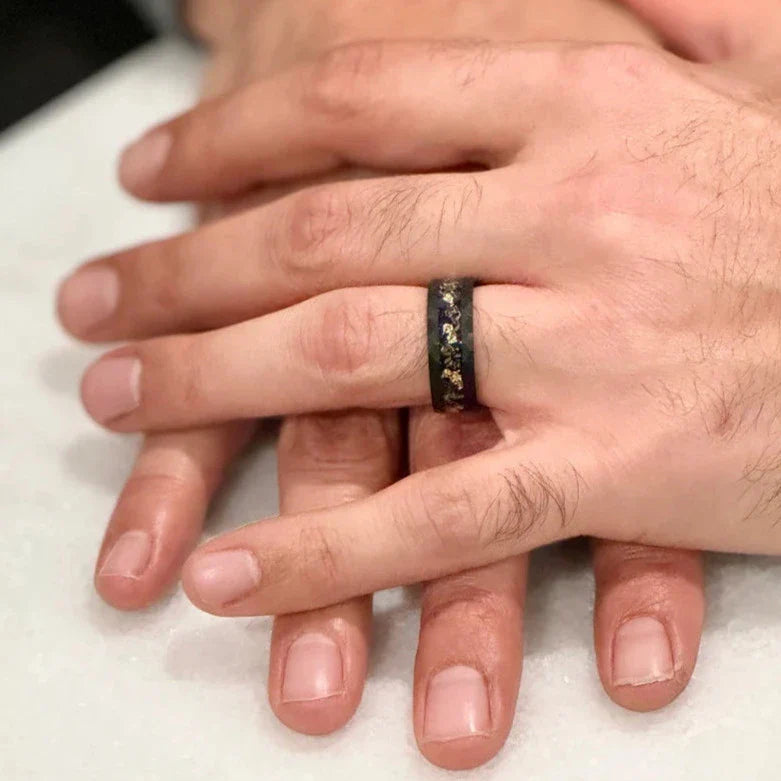 “RADIANT” Tungsten Carbide Black Ring 8mm w/ Meteorite and Gold Leaf