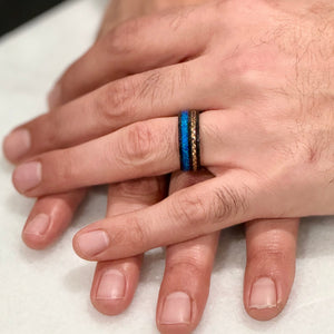 "TETHER" Tungsten Carbide Black Ring 8mm w/ Blue Opal and Rose Gold Weave