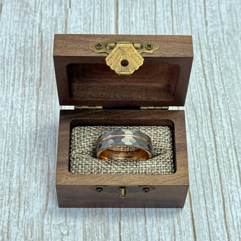 “ECLIPSE” Tungsten Carbide Brushed Silver Ring 8mm w/ Asymmetrical Rose Gold Line