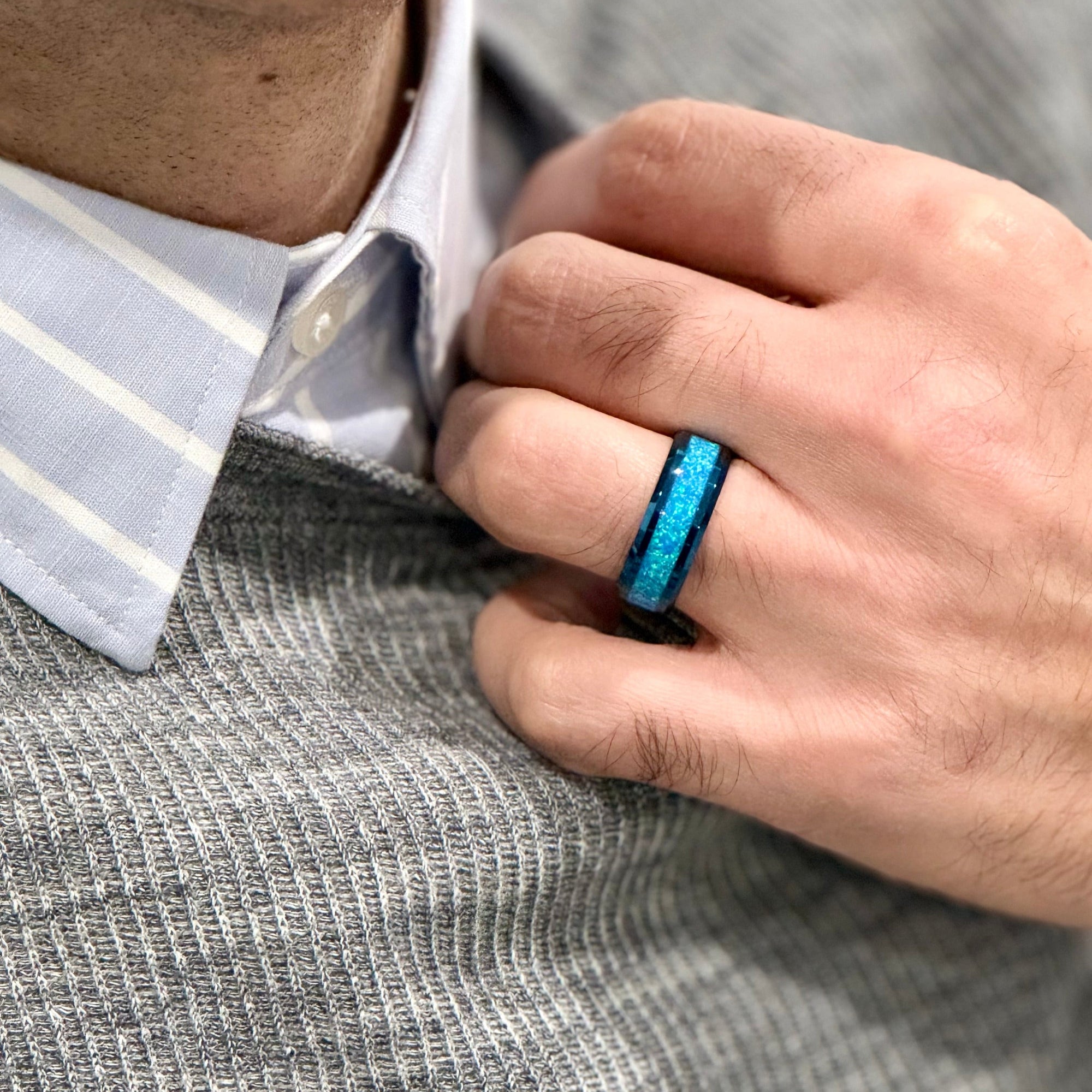 “IRIDESCENCE” Tungsten Carbide Blue Ring 8mm w/ Blue Opal