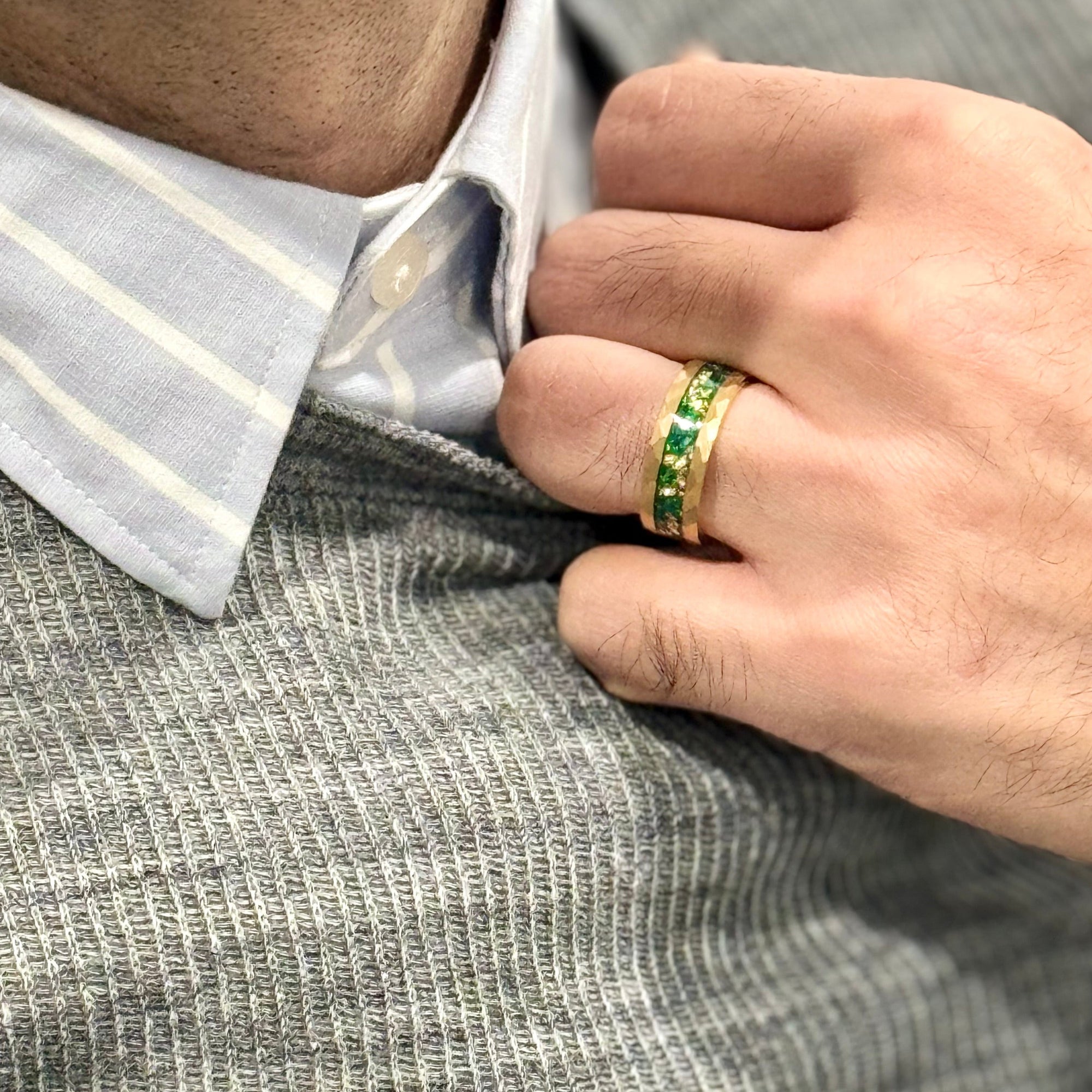 “RADIANT” Tungsten Carbide Gold Ring 8mm w/ Green Opal and Gold Leaf
