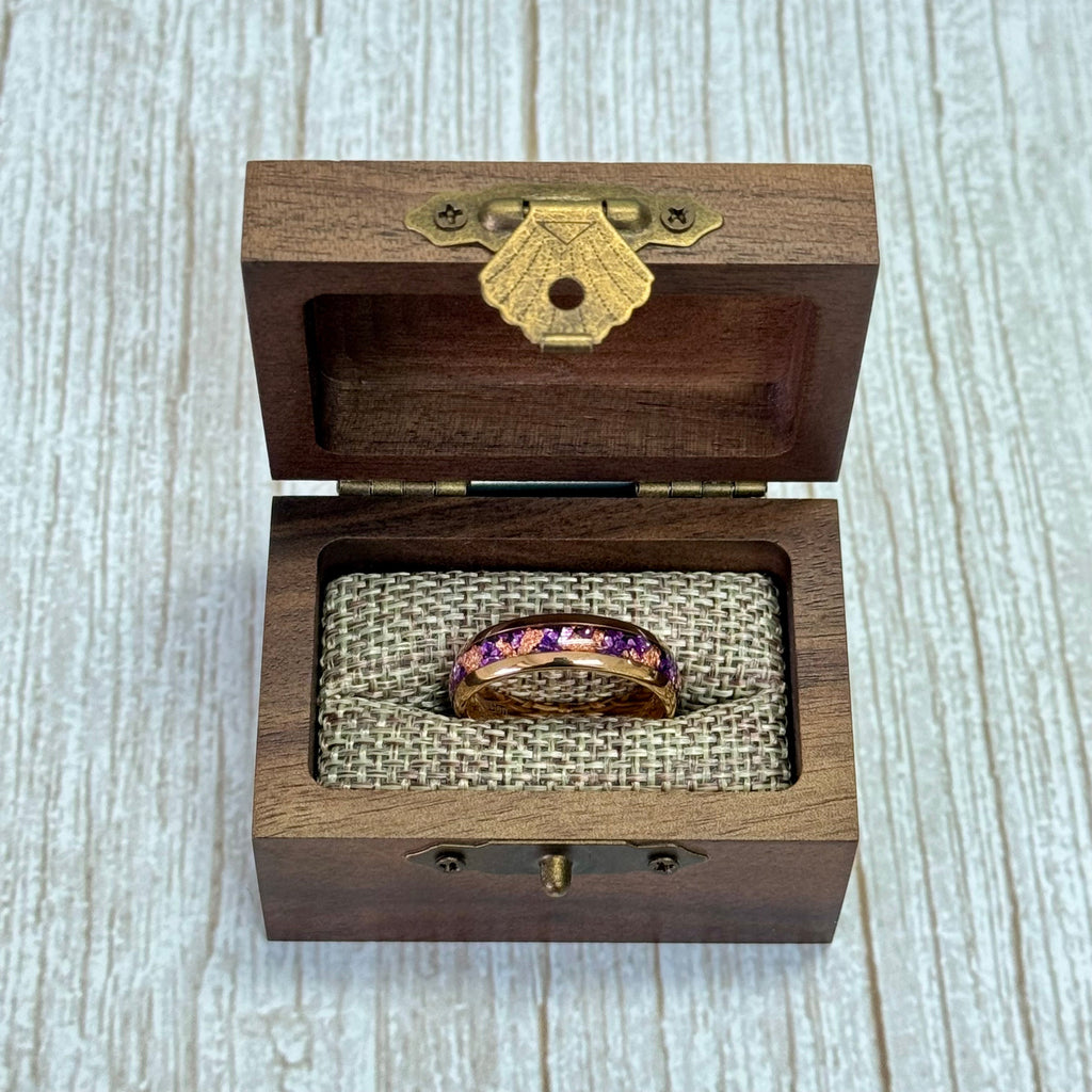 “MAJESTY” Tungsten Carbide Rose Gold Ring 6mm w/ Amethyst and Rose Gold Leaf