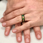 “Binary" Tungsten Carbide Black Ring 8mm, 6mm w/ Green Opal, Gold Accents and Gold Leaf