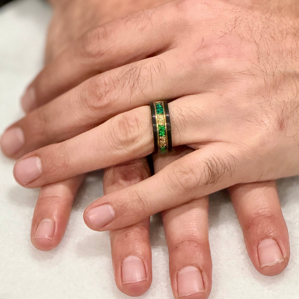 “Binary" Tungsten Carbide Black Ring 6mm, 8mm w/ Green Opal, Gold Accents and Gold Leaf