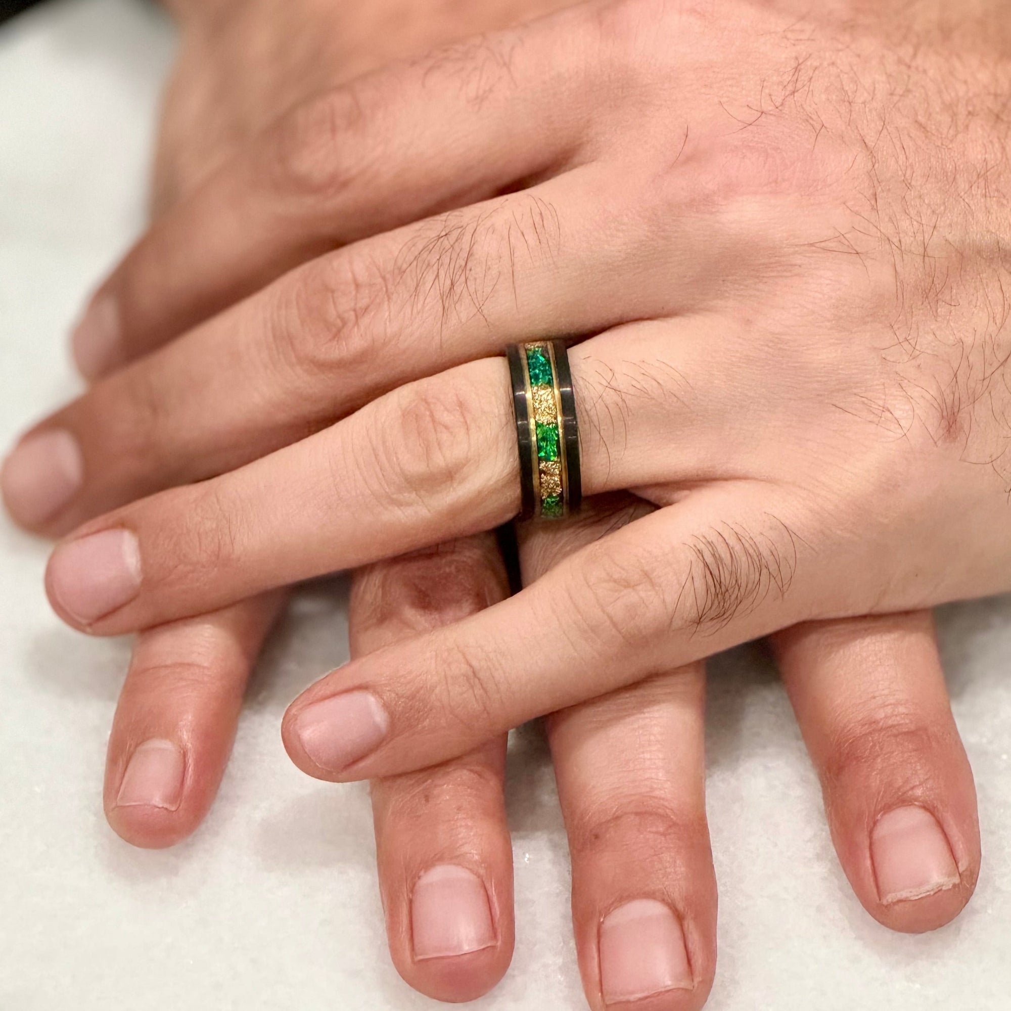 “Binary" Tungsten Carbide Black Ring 6mm, 8mm w/ Green Opal, Gold Accents and Gold Leaf