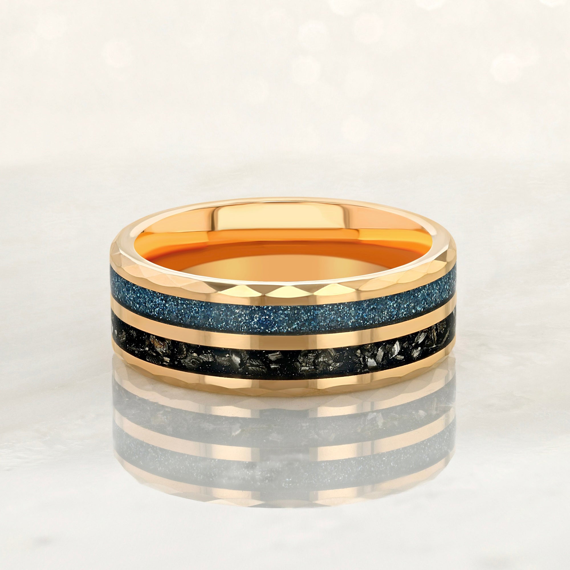 “CELESTIAL” Tungsten Carbide Rose Gold Ring 8mm w/ Meteorite and Aquamarine